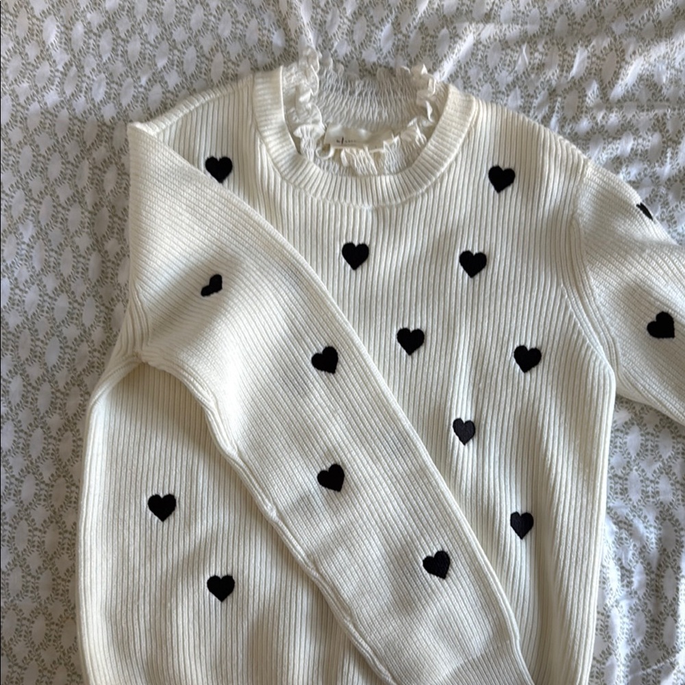 Anthropologie Cream and Black Crew Neck Sweater with Heart Pattern